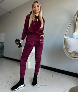 welurowy komplet dresowy bluza z kapturem+ spodnie wysoki stan Złoty  haft kieszenie Marina bordowy xssml