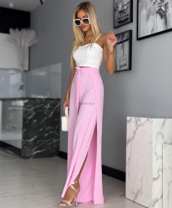 Szerokie spodnie wiązane w pasie z rozcięciami wiosna lato przewiewne  pudrowy róż