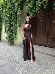 Wieczorowa sukienka Maxi Wiktoria studniówka  cekiny ozdobne plecy 34.36.38 czekolada brąz 