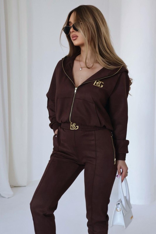 komplet ESSENTIAL bluza spodnie jogerry wysoki stan przeszycia złote dodatki SML czekolada brąz  - Butik damski Szyk i Styl
