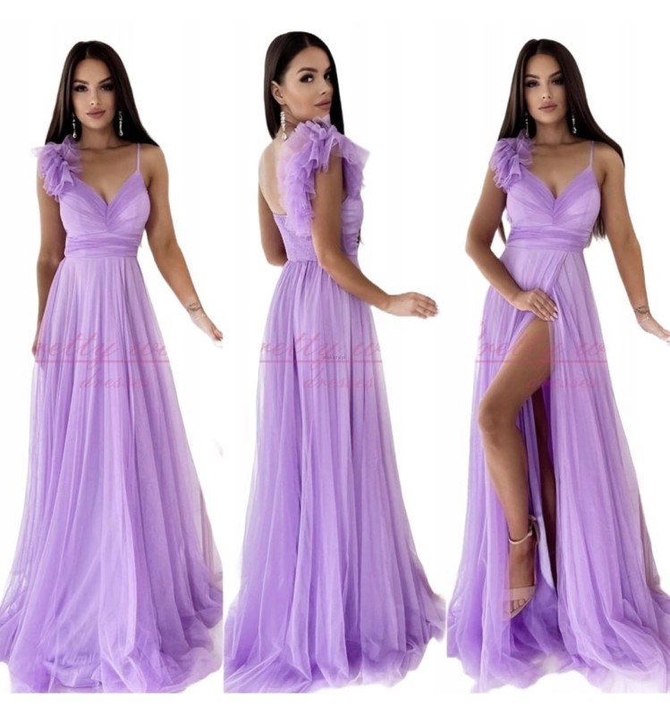 Tiulowa sukienka MILAGROS MAXI na ramiączka rozcięcie na nogę 34.36.38.40.42 wrzos fiolet  - Butik damski Szyk i Styl