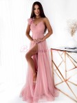 Tiulowa sukienka MILAGROS MAXI na ramiączka rozcięcie na nogę 34.36.38.40.42 puder brzoskwinia - Butik damski Szyk i Styl