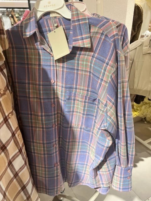 Flanelowa koszula w kratę oversize sempre fiolet szary róż pastele - Butik damski Szyk i Styl