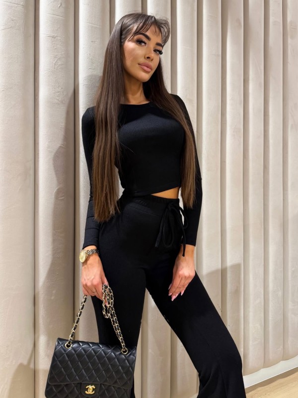 Dzianinowy komplet bluzka+ dzwony czarny  - Butik damski Szyk i Styl