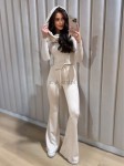 Dzianinowy komplet bluzka z kołnierzem + dzwony beż - Butik damski Szyk i Styl