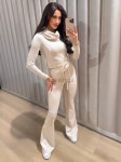 Dzianinowy komplet bluzka z kołnierzem + dzwony beż - Butik damski Szyk i Styl