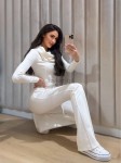 Dzianinowy komplet bluzka z kołnierzem + dzwony biały  - Butik damski Szyk i Styl