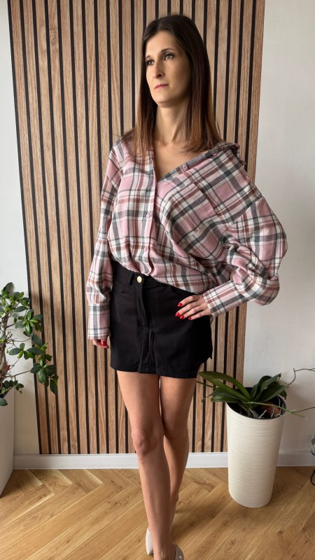 Flanelowa koszula w kratę oversize sempre różowa, szara  - Butik damski Szyk i Styl