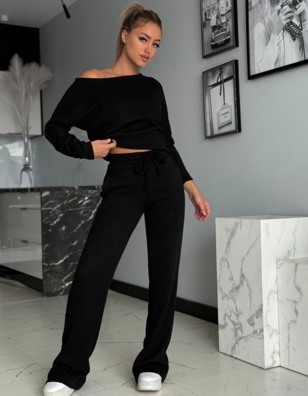 Dzianinowy komplet masełko bluza+spodnie czarny - Butik damski Szyk i Styl