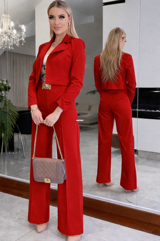 Garnitur komplet szerokie spodnie Belluci  dzwony/ szwedy  krwista czerwień  - Butik damski Szyk i Styl
