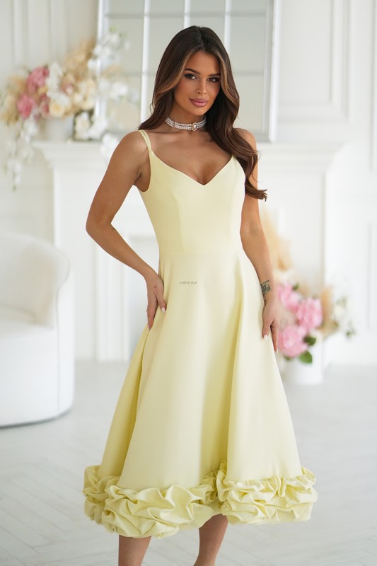 Elegancka sukienka midi z falbanką żółta - Butik damski Szyk i Styl