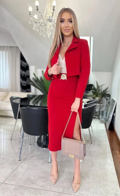 Komplet SEMPRE krótka marynarka+spódnica midi ołówkowa złote dodatki czerwony - Butik damski Szyk i Styl