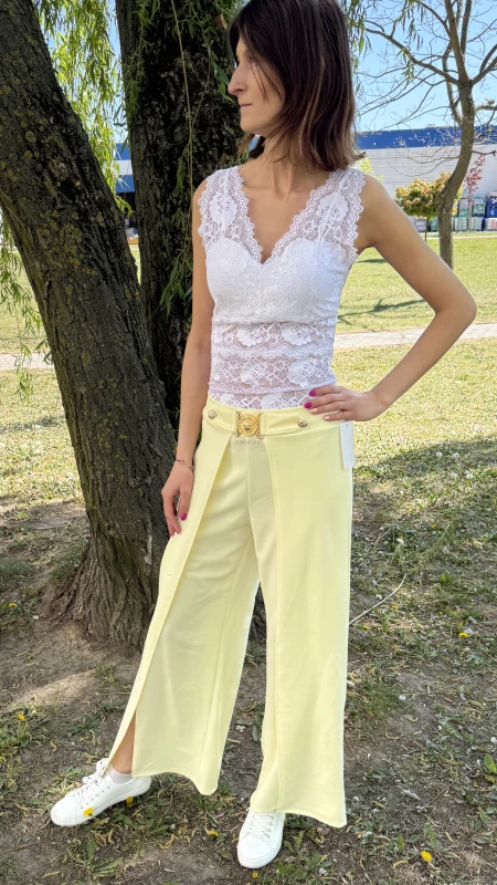 Spodnie boho z rozcięciem złote dodatki wiosenne cytryna  - Butik damski Szyk i Styl