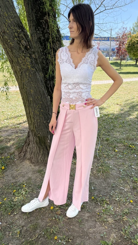 Spodnie boho z rozcięciem złote dodatki wiosenne puder róż  - Butik damski Szyk i Styl