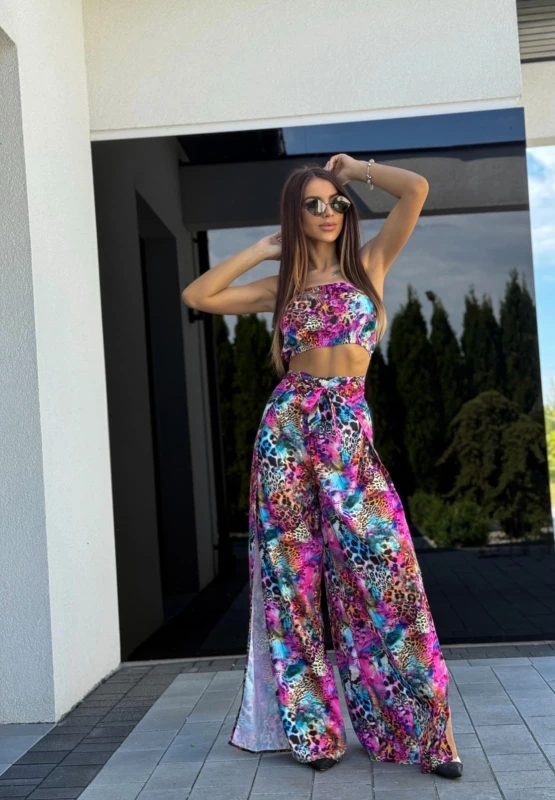 Komplet top+spódnico-spodnie wiązane  wzory kolorowa panterka róż  - Butik damski Szyk i Styl
