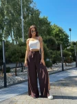 Szerokie spodnie wiązane w pasie z rozcięciami wiosna lato przewiewne  brąz  - Butik damski Szyk i Styl