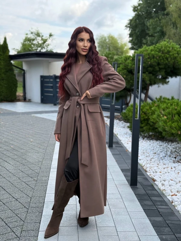 Długi płaszcz z wełną Venezia mokka  - Butik damski Szyk i Styl