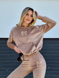 welurowy komplet dresowy bluza z kapturem+ spodnie wysoki stan Złoty  haft kieszenie Marina kamel ciemny beż 