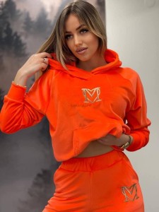 welurowy komplet dresowy bluza z kapturem+ spodnie wysoki stan Złoty  haft kieszenie Marina  pomarańcz neon wiosna 