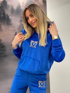 welurowy komplet dresowy bluza z kapturem+ spodnie wysoki stan Złoty  haft kieszenie Marina  kobalt niebieski chaber 