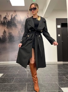 Wiosenny płaszcz trencz przejściowy z paskiem regulowany rozcięcia guziki czarny 