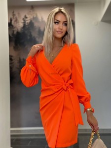 wiązana sukienka Melania Bufki złote guziki mini asymetryczna pomarańczowa XSSMLXL