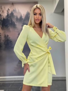 wiązana sukienka Melania Bufki złote guziki mini asymetryczna żółta pastelowa XSSMLXL 