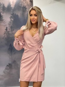 wiązana sukienka Melania Bufki złote guziki mini asymetryczna pudrowy róż  XSSMLXL 