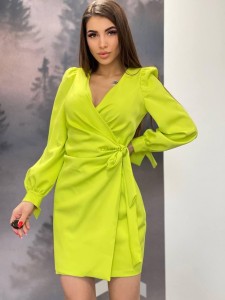 wiązana sukienka Melania Bufki złote guziki mini asymetryczna limonka  XSSMLXL 