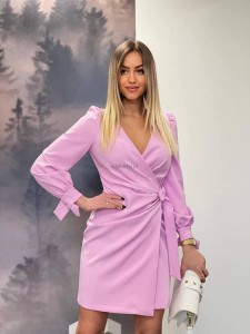 wiązana sukienka Melania Bufki złote guziki mini asymetryczna lila wrzos  XSSMLXL 