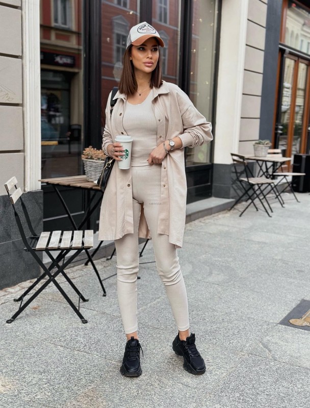 komplet 3 częściowy koszula top legginsy prążek z wysokim stanem bez  Xssml  - Butik damski Szyk i Styl