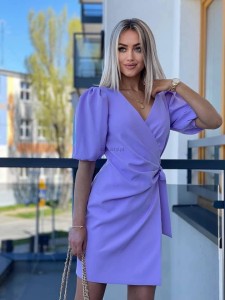 wiązana sukienka Melania Bufki złote guziki mini asymetryczna rękaw 3/4 wrzos   XSSML 