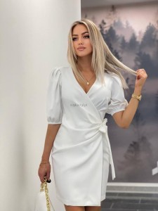 wiązana sukienka Melania Bufki złote guziki mini asymetryczna rękaw 3/4 biała  XSSML 