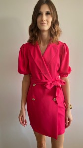 Żakietowa sukienka wiązana regulacja rękaw 3/4 fuksja/róż