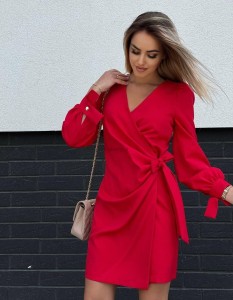 wiązana sukienka Melania Bufki złote guziki mini asymetryczna czerwony XSSMLXL 