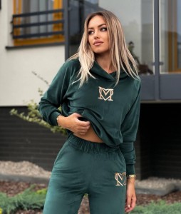 welurowy komplet dresowy bluza z kapturem+ spodnie wysoki stan Złoty  haft kieszenie Marina butelkowa zieleń