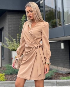 wiązana sukienka Melania Bufki złote guziki mini asymetryczna XSSMLXL karmel