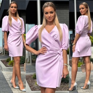 wiązana sukienka Melania Bufki złote guziki mini asymetryczna rękaw 3/4 lila  XSSML 