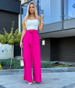 Szerokie spodnie wiązane w pasie z rozcięciami wiosna lato przewiewne  róż fuksja