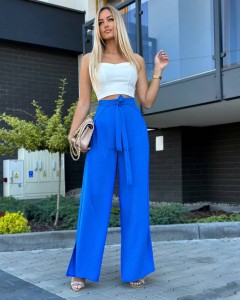 Szerokie spodnie wiązane w pasie z rozcięciami wiosna lato przewiewne  niebieski kobalt
