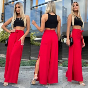 Szerokie spodnie wiązane w pasie z rozcięciami wiosna lato przewiewne boho czerwone s m l 