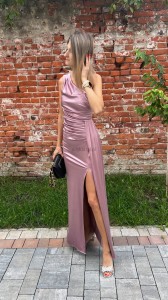 Satynowa Sukienka na jedno ramie Loren MAXI 34.36.38.40.42.44.46 Elizabeth  pudrowy róż