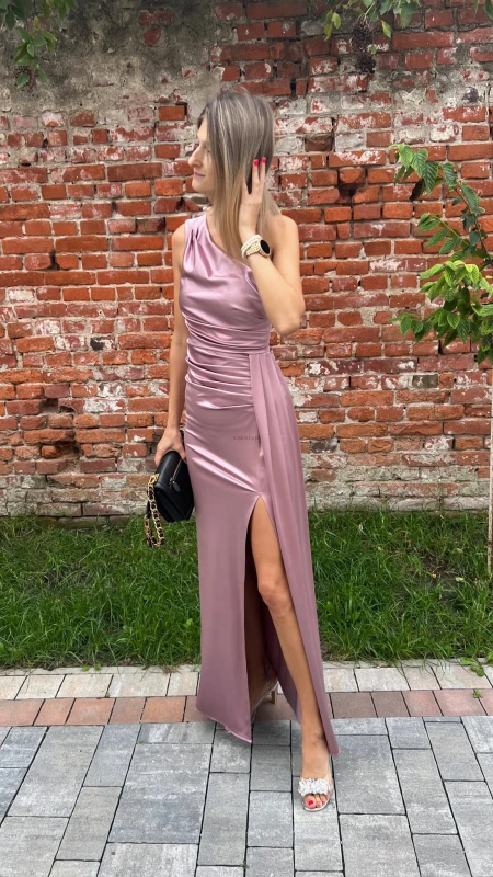 Satynowa Sukienka na jedno ramie Loren MAXI 34.36.38.40.42.44.46 Elizabeth  pudrowy róż - Butik damski Szyk i Styl